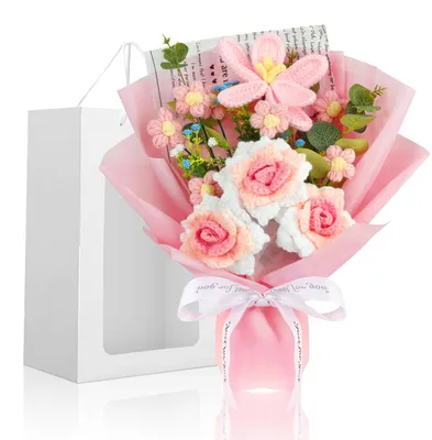Gehäkeltes Blumenbukett, rosa, 11 Blumen, 30 cm, mit Geschenktüte