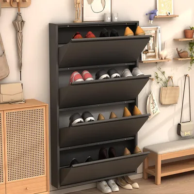 Produktbild von Metall Schuhschrank Schwarz mit 4 Klappfächern, schmaler Wand-Schuhkipper, verstecktes Schuhregal für Flur & Eingangsbereich