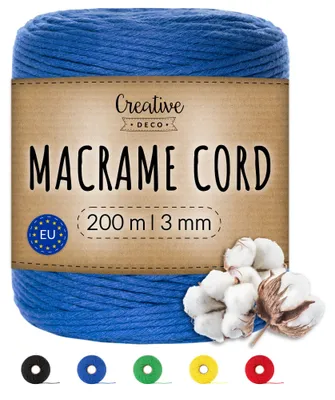 Obrázek produktu pro Creative Deco 3 mm x 200 m modrá šňůra na macramé - bavlněná a polyesterová nit