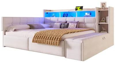 Produktbild von Merax Tagesbett Daybett 140x190cm, Schlafsofa mit 2 Schubladen, USB & Typ-C, LED, Regal, Stauraumbank, Polsterbett, Kinderbett, Samt, Weiß