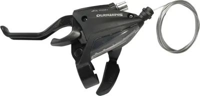 A black bicycle brake and gear lever with a silver cable.