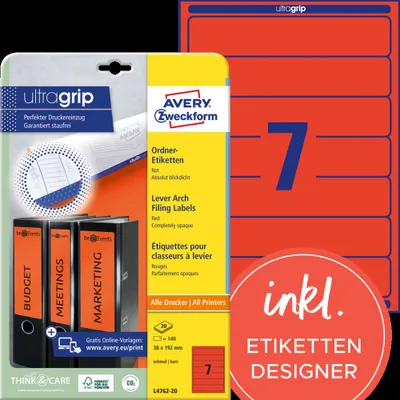 Produktbild von Avery Zweckform L4762-20 Ordner-Etiketten, A4 mit ultragrip, 38 x 192 mm, 20 Bogen/140 Etiketten, rot