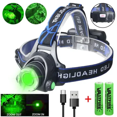 Image de Lampe frontale LED - Rechargeable - Lumière verte - Fonction zoom - Étanche - Idéale pour le camping et la pêche