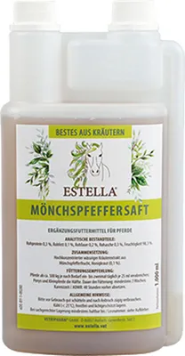 A bottle of Estella Mönchspfeffersaft, a horse supplement, is shown against a white background.