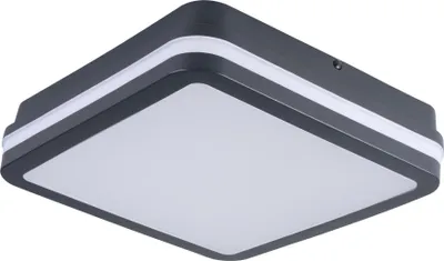 A square LED ceiling light with a dark gray frame and a white diffuser.