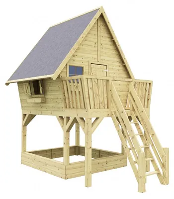 Produktbild von Prestige Garden Braun Grün Stelzenhaus Clubhouse, Kesseldruckimprägniertes Kiefernholz, Mit Sandkasten, Veranda, Fenstern Und Blumenkästen, 140 Cm Podesthöhe, Stabiles Spielhaus Für Den Garten