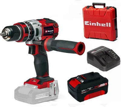 A cordless drill and its accessories are displayed against a white background.