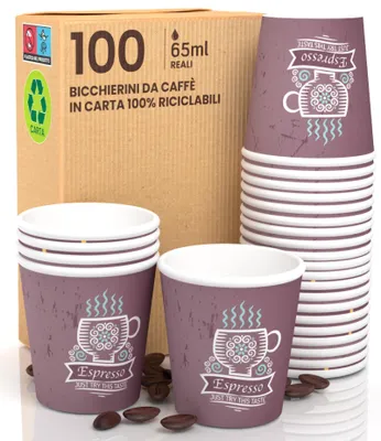100 Papier-Kaffeebecher 65 ml, biologisch abbaubar, Einweg