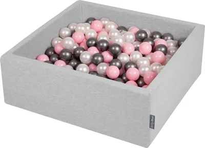 Produktbild von KiddyMoon bällebad 90x30cm/200 bälle ∅ 7cm bällepool mit bunten bällen für babys kinder quadrat, hellgrau:perle/puderrosa/silbern