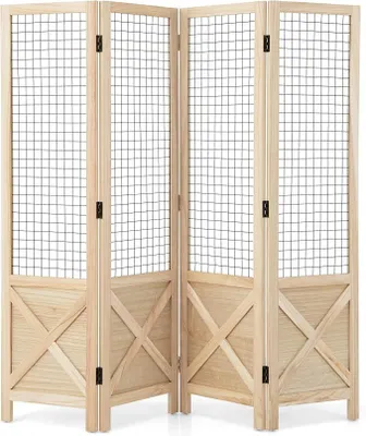 Imagen del producto de Divisorio de ambientes de 4 paneles, pantalla plegable de madera con celosía metálica, ideal como separador decorativo para balcón, salón y oficina, 151 x 144 cm, color natural