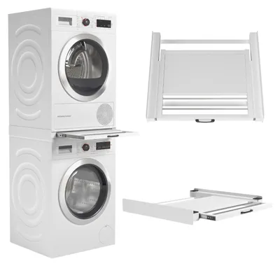 Produktbild von Wasophoogte® Zwischenbaurahmen Waschmaschine Trockner mit Ausziehbarem Plateau und Trockenrack – Stapelkit für Waschmaschine und Trockner – Universeller Verbindungsrahmen