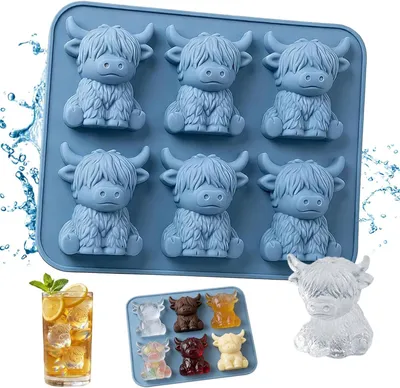 Imagen del producto de Molde para cubitos de hielo con forma de vaca de las Tierras Altas (Mini Highland Cow) - Molde de silicona 3D para cubitos de hielo - Fácil de desmoldar y congelar