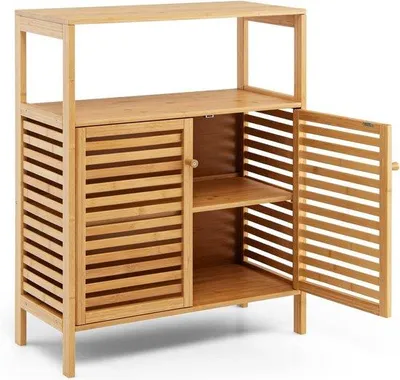 Productafbeelding van Bamboe wandkast met 4 planken, geschikt voor badkamer of woonkamer