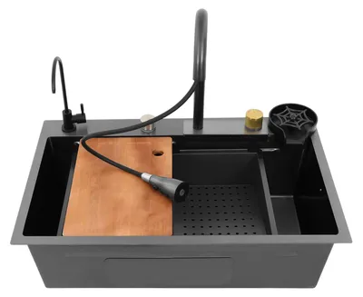 Produktbild von Edelstahl-Küchenspüle - Einbeckenspüle mit Wasserfallarmatur - 75 cm - Ausziehbare Armatur - 3 Löcher - Aufsatzmontage - Abtropfkorb
