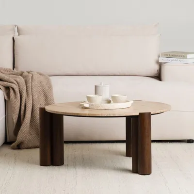 Produktbild von TAPTI Couchtisch mit Tischplatte aus Travertin 80 cm, Braun/Beige - Runder Wohnzimmertisch aus massivem Mangoholz, Coffee Table, Beistelltisch mit Marmor Optik, moderner Clubtisch