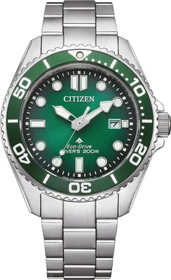 A close-up studio shot of a Citizen Promaster Eco-Drive Diver watch with a green dial and silver stainless steel band.