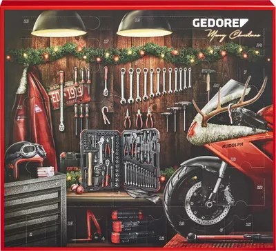 A workshop scene decorated for Christmas, featuring a motorcycle adorned with reindeer antlers and a tool advent calendar.