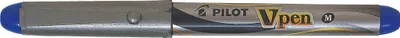 A close-up shot of a blue and silver pen.