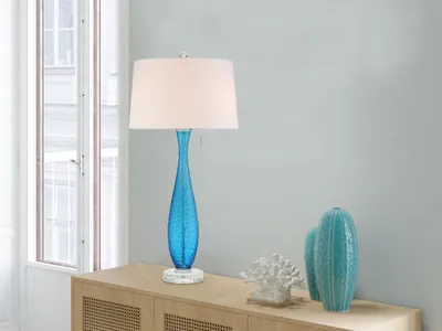 Produktbild von Große LED Jugendstil Tischleuchte mit Glasfuß & Stoffschirm Wohnzimmer Sideboard