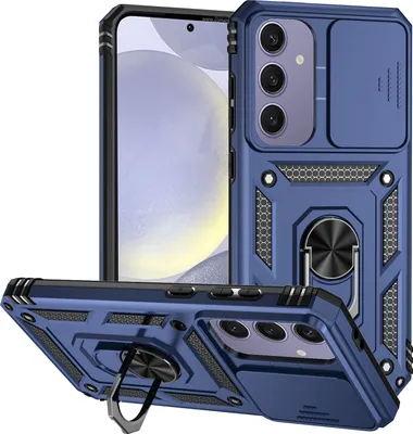 Immagine prodotto di Custodia per Samsung Galaxy S24 FE a doppio strato con copertura scorrevole della fotocamera e supporto ad anello Blu