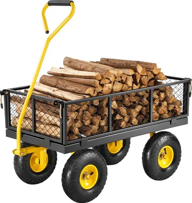 Obrázok produktu pre VEVOR ručný vozík 226,80 kg, prepravný vozík, záhradný vozík, vozík na náradie, ručný vozík s veľkými terénnymi pneumatikami, odnímateľnými bočnicami zo sieťoviny a 180° otočnou rukoväťou, žltá/čierna
