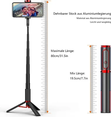 Produktbild von Selfie Stick Bluetooth, Aluminium Selfie Stick Stativ Handystativ mit Fernauslöser für iPhone 14/13/12 Pro Max, Samsung, Huawei usw. Handy-Selfie, Videoaufnahmen, Videoblogs und Live-Streaming (Schwarz und Rot)