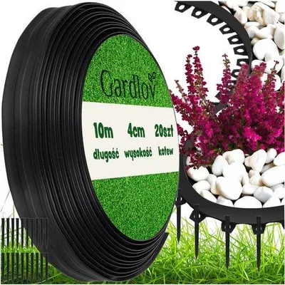 A roll of black garden edging is shown next to a decorative garden border with plants and stones.