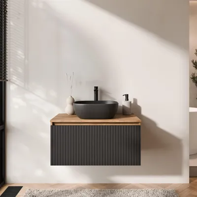 Produktbild von Planetmöbel ARISA Waschtisch 80 cm schwarz geriffelt mit Keramik-Aufsatzwaschbecken 42 cm in schwarz