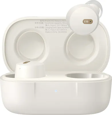 An open white charging case for wireless earbuds with one earbud placed on top.