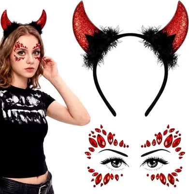 Productafbeelding van Halloween hoofdband met duivelhoorns, 1 stuk, glinsterende gezichtstickers, haaraccessoire