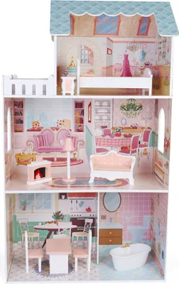Produktbild von Bandits & Angels Puppenhaus aus Holz, rosa/blaues Engels-Stadthaus, ab 3 Jahren, 106 cm hoch – inklusive 10 Möbelstücken – Puppenhaus – Puppenspielzeug