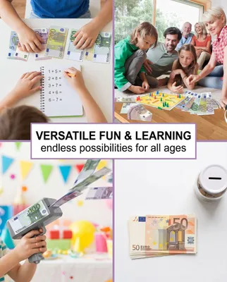 Imagen del producto de Dinero de juguete, 140 euros, con denominaciones de 5, 10, 20, 50, 100, 200 y 500 €, impresión realista, ideal para juegos educativos
