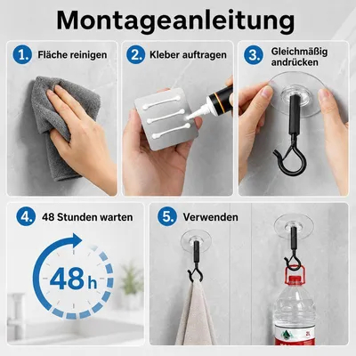 Produktbild von Deckenhaken selbstklebend 6er Set – Wandhaken ohne Bohren, wetterfest | Extra stark, schwarz für Pflanzen & Kabel