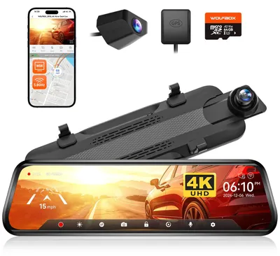 Produktbild von Autokamera mit Rückfahrkamera – 4K Auflösung vorne, 1080p Auflösung hinten – Touchscreen – GPS – 64 GB Speicherkarte – Parkmonitor