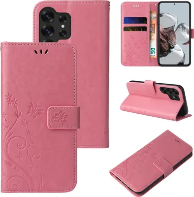 Produktbild von Handyhülle für Samsung Galaxy S25 Ultra Floral Blumen Schmetterling Flip Cover Hülle Case Klapphülle Handytasche Farbe: Rosegold