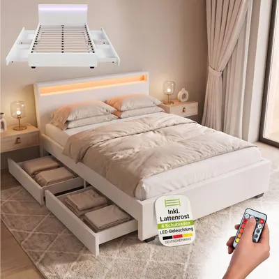 Produktbild von Juskys Polsterbett Lyon 140 x 200 cm weiß – Bettgestell mit Lattenrost, Bettkasten & LED Beleuchtung – Kunstleder & Holz – Bett Jugendbett