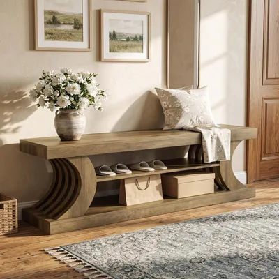 Produktbild von Schuhbank mit Sitzfläche 160 cm, 3-stufiges Schuhregal mit offenen Ablagen, Holz, Braun