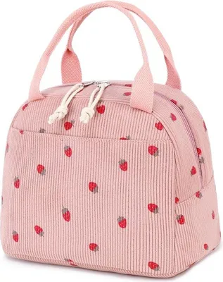 Produktbild von Isolierende Picknicktas mit Erdbeer-Muster - Rote Corduroy-Tasche für Arbeit, Schule und Picknicks