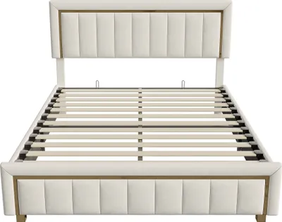 Produktbild von Polsterbett 140x200cm mit Stauraum und Lattenrost, Doppelbett mit Rückenlehne, Vergoldetem Rand Doppelbett Ehebett Funktionsbett aus Samt, Beige