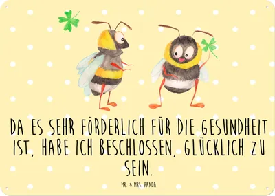 Produktbild von Mr. & Mrs. Panda Wandbild Hummeln Kleeblatt DIN A5 - Gelb Pastell - Geschenk, Türschild, Biene, Spruch Fröhlich, Gute Laune, Blechschild, Hummel, glücklich Werden, tafel
