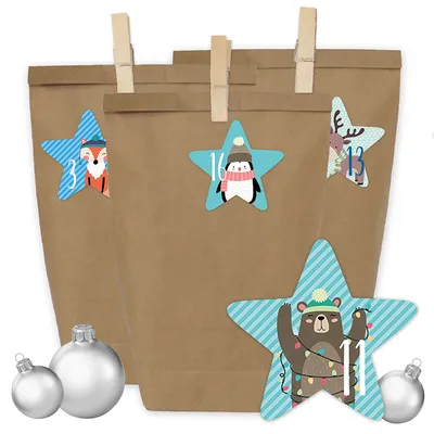 Produktbild von 24 Adventskalender Tüten mit 24 Zahlenaufklebern und Klammern - zum selber Basteln - DIY Set Adventskalender zum Befüllen - Design Nr 39