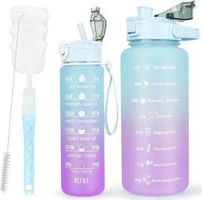 Produktbild von Famanu Wasserflaschen Set BPA-frei mit Strohhalm und Zeitmarkierung - 2L und 750ML