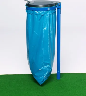 Produktbild von Robuster Einzel-Abfallsammler mit Kunststoff-Deckel | mit Stange | 35cm Einwurföffnung | HxBxT 98x50x45cm | Stahl | Blau-Schwarz