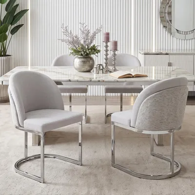 Immagine prodotto di Set di 4 sedie da pranzo Flieks, con gambe argentate, comode, traspiranti, rivestite in tessuto di chenille, ideali per la cucina, imbottite, colore grigio chiaro e argento