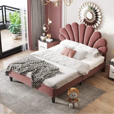 Productafbeelding van FAVSH Kinderbed 140x200 cm, gestoffeerd bed voor meisjes met fluwelen bekleding en bloemenmotief op het hoofdeinde