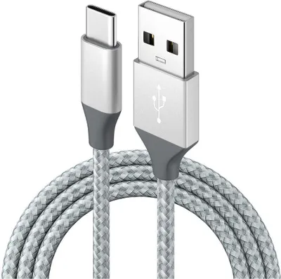 A USB-A to USB-C charging cable with a braided silver cord and silver connectors.