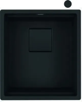 A top-down view of a black sink with a square drain cover in the center.