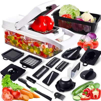 Produktbild von Gemüseschneider, 19-in-1 Zerkleinerer, Mandoline Gemüsehobel, Gemüse Schneider mit 9 Austauschbare Klingen, Kartoffelschneider, Obstschneider