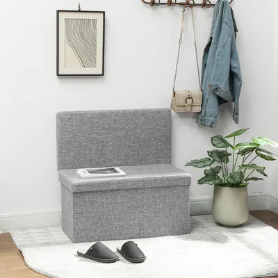 Image de Banc pliable avec dossier et 77 litres d'espace de rangement, aspect lin, 76x50x73 cm, gris