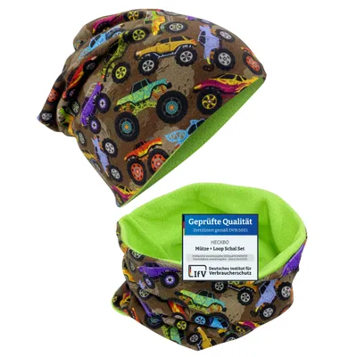 Produktbild von HECKBO Kinder Jungen Beanie Wintermütze & Schal Set mit Fleece-Futter - Monster Truck - 2-8 Jahren - 95% Baumwolle - weiches & pflegeleichtes Stretch-Material